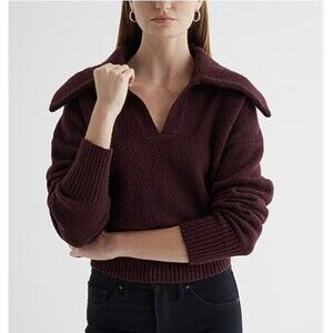 EXPRESS V-Neck Polo Sweater Medium Burgundy Dark Red Cropped  Long Sleeve
